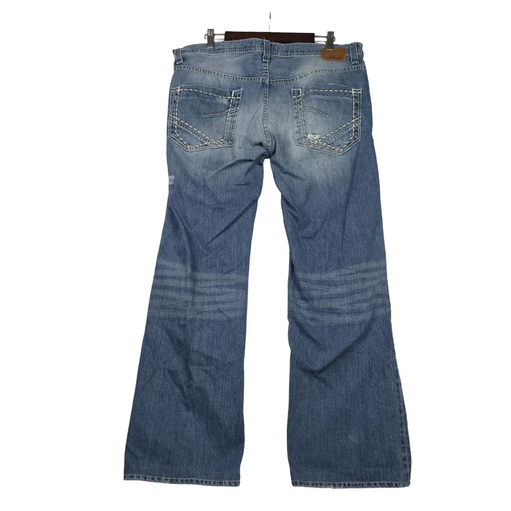 BKE Carter Straight Leg Mens Jeans 36R Medium Wash Thick Stitch Distressed Denim